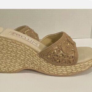 Two lips tan raffia wedge sandals